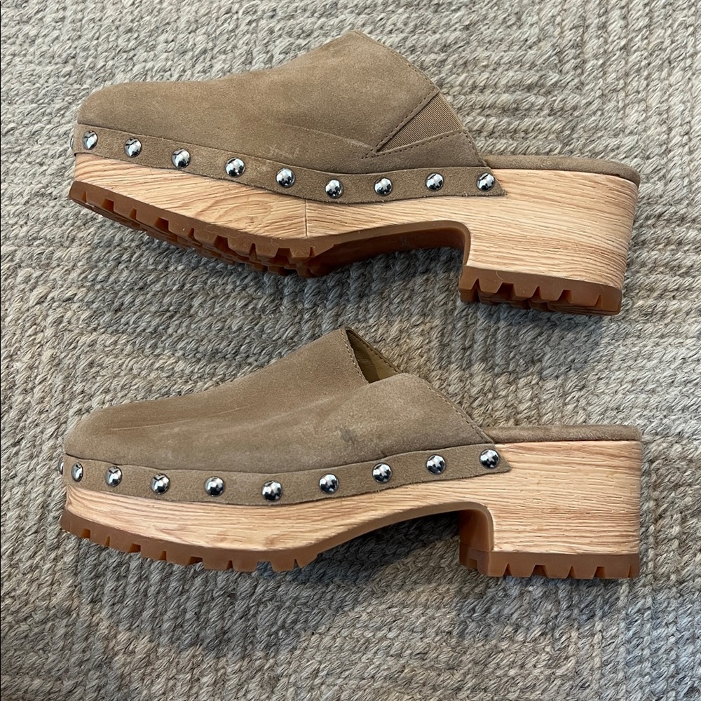Lisa + Vicky Lim Suede Stud Taupe Clogs
